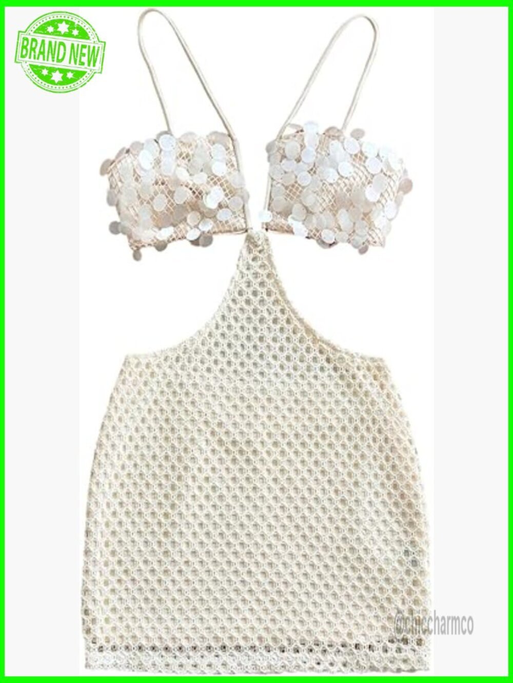 Sequin Beach Dress Crochet Cut Out V Neck Sleeveless Bodycon Mini